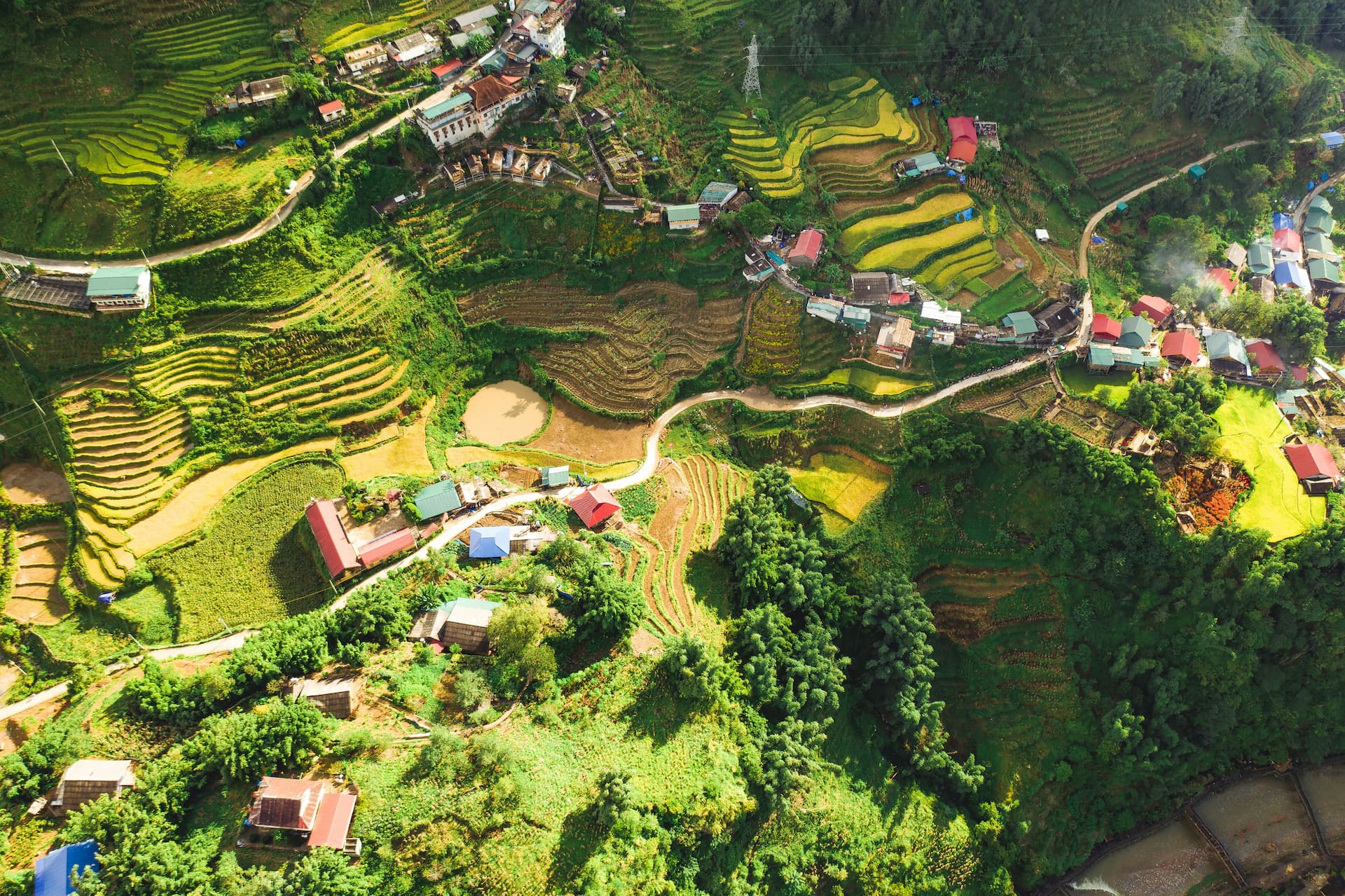 Aerial drone view village terraces Vietnam