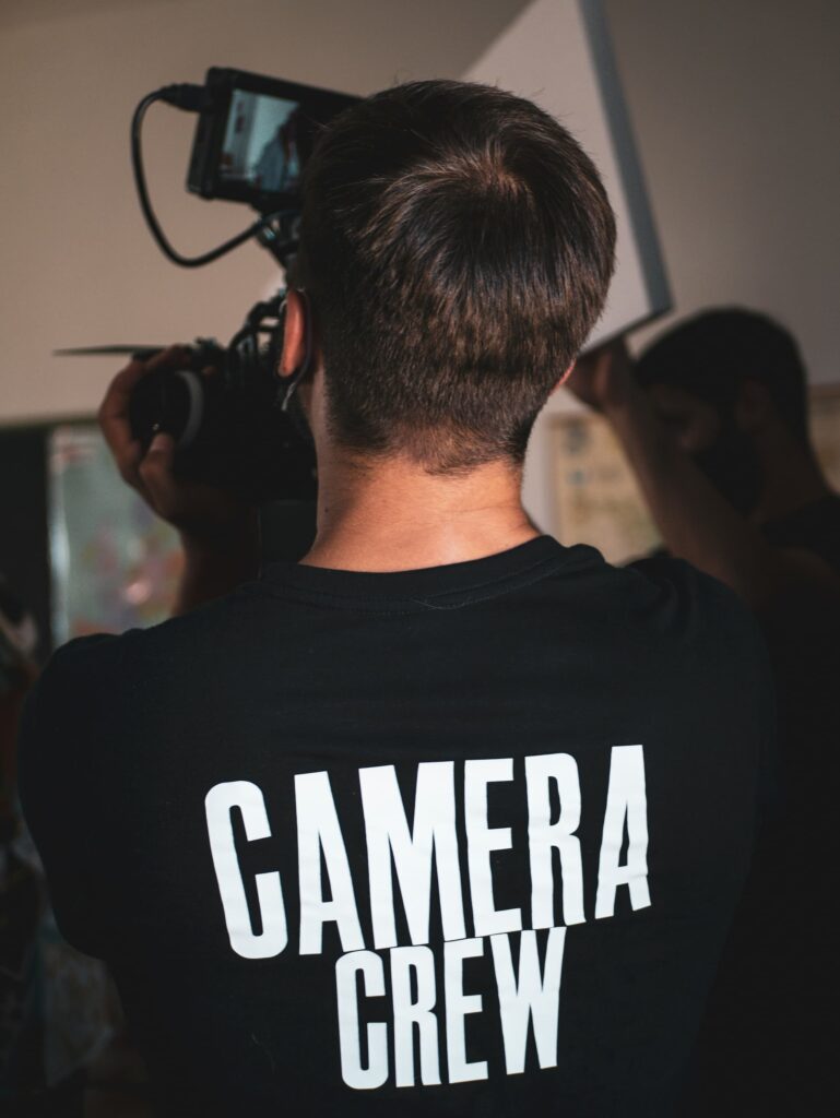 Camera crew T-shirt filming set