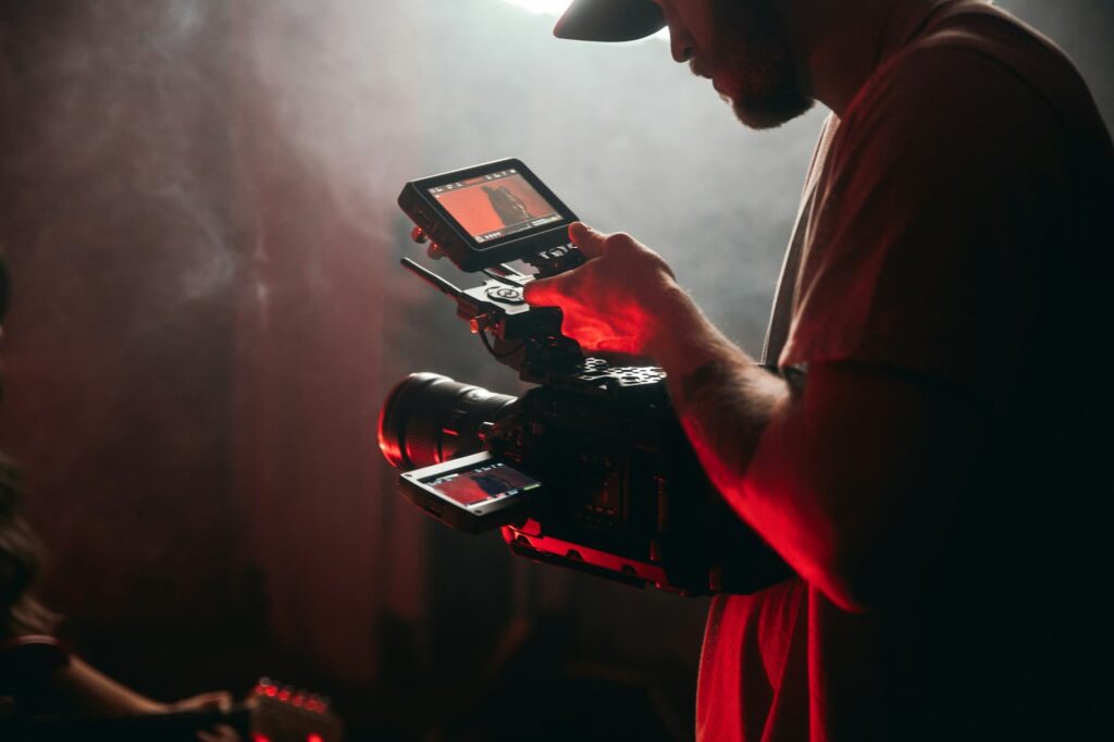 Cinema camera red lighting close-up