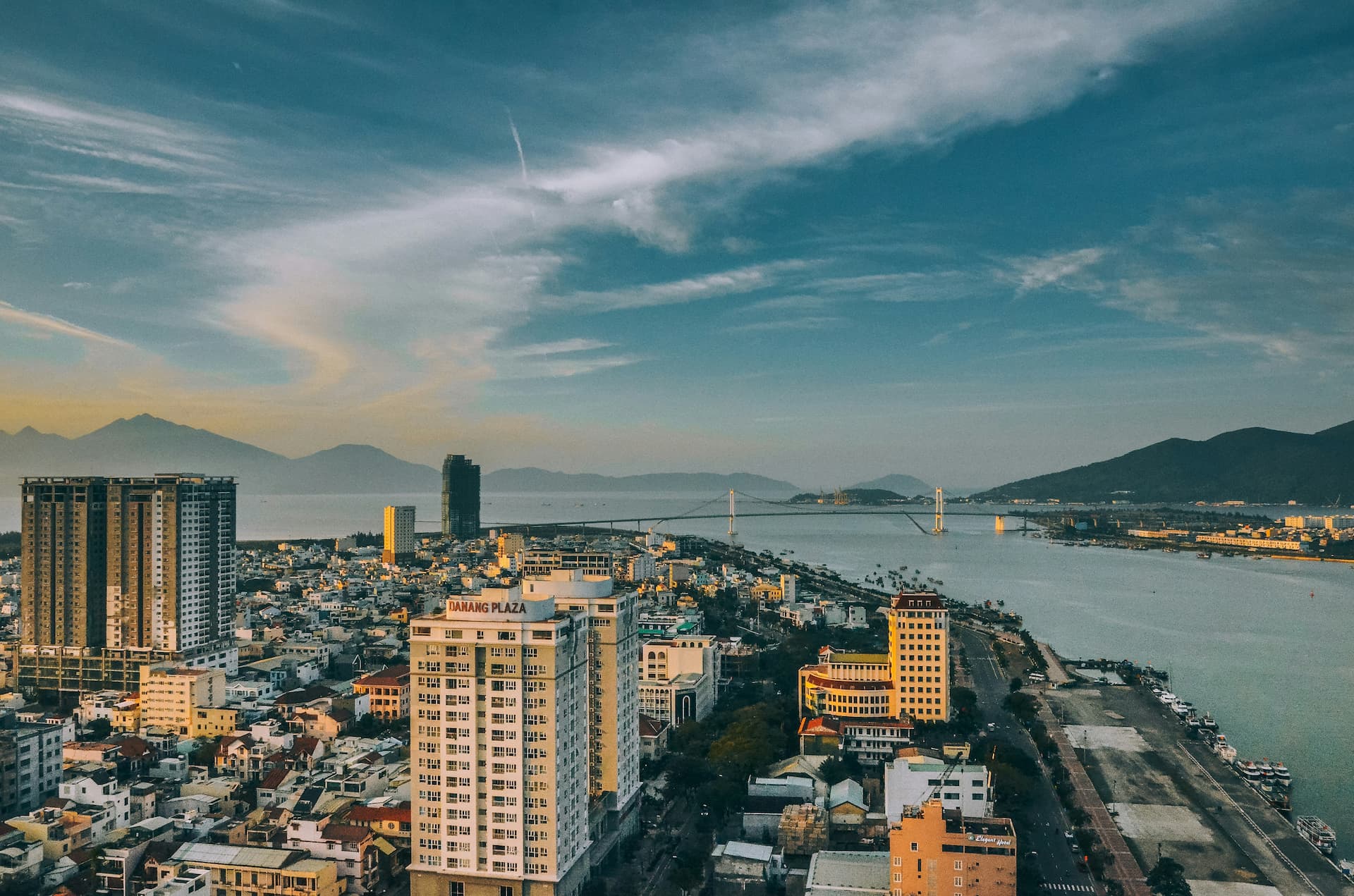 Da Nang city, bay and port viewed from above