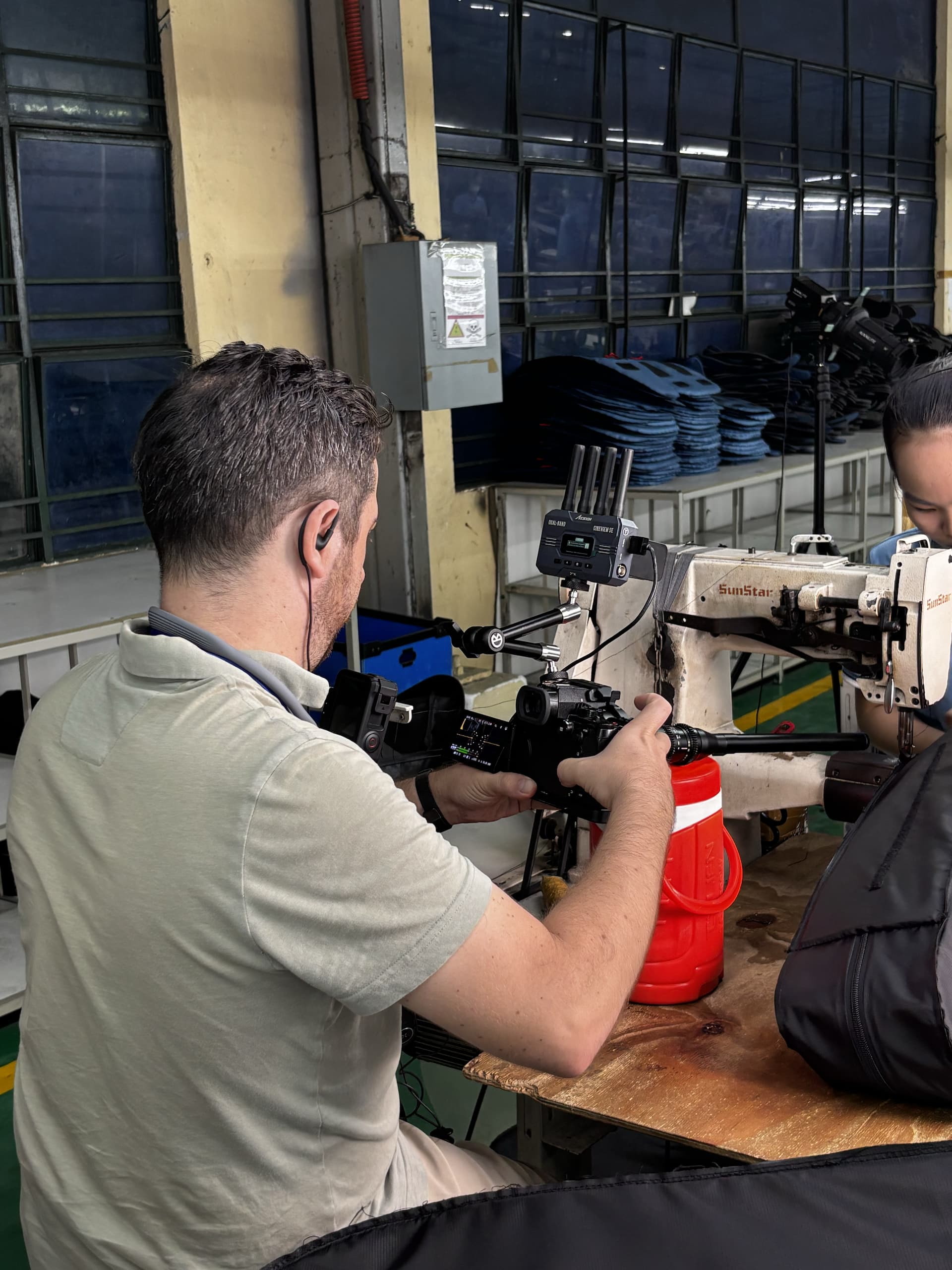 Factory filming sewing machine close up