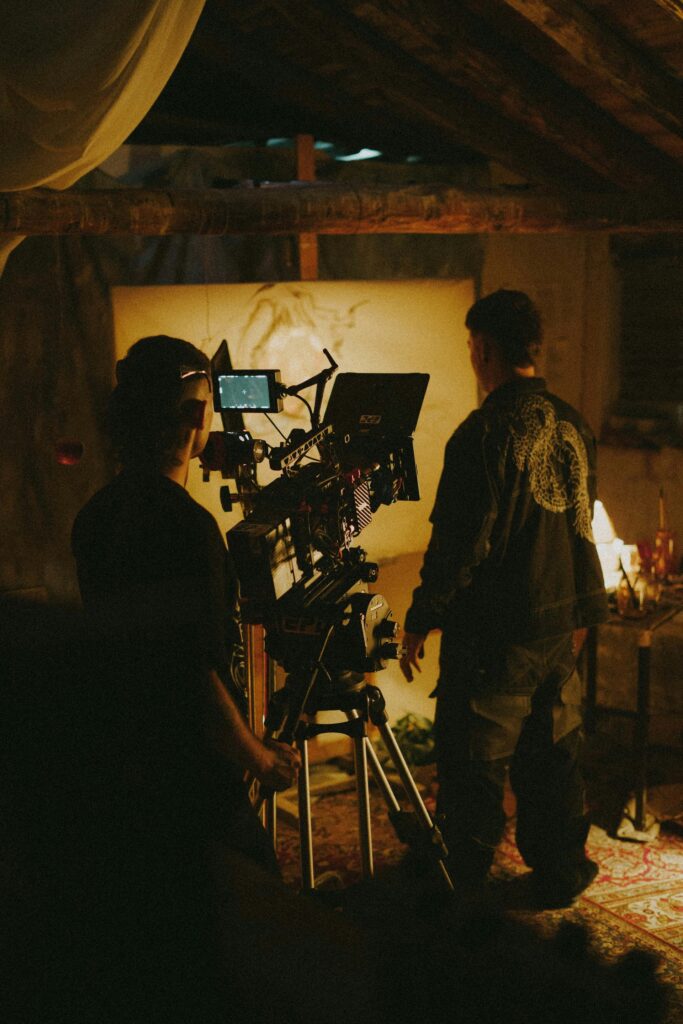 Film set camera tripod moody lighting