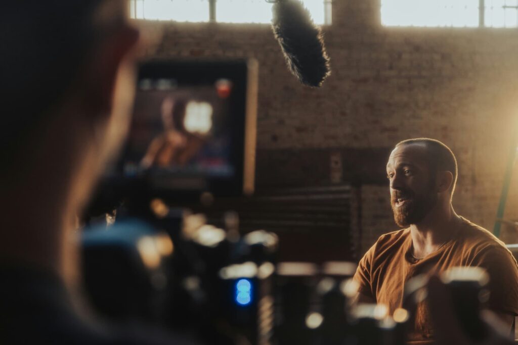 Interview filming warm lighting brick wall