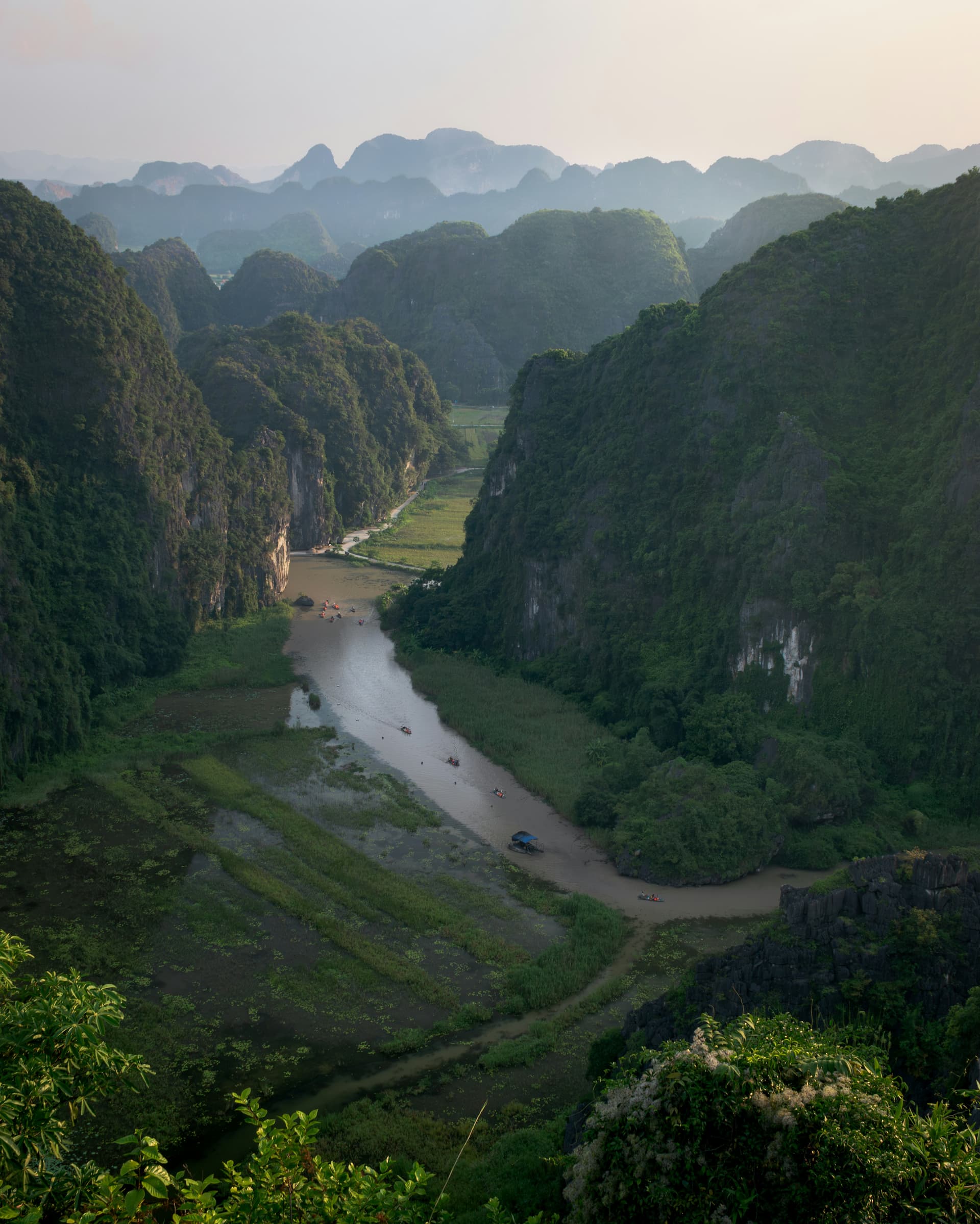 Limestone karst mountains and a river in Ninh Binh