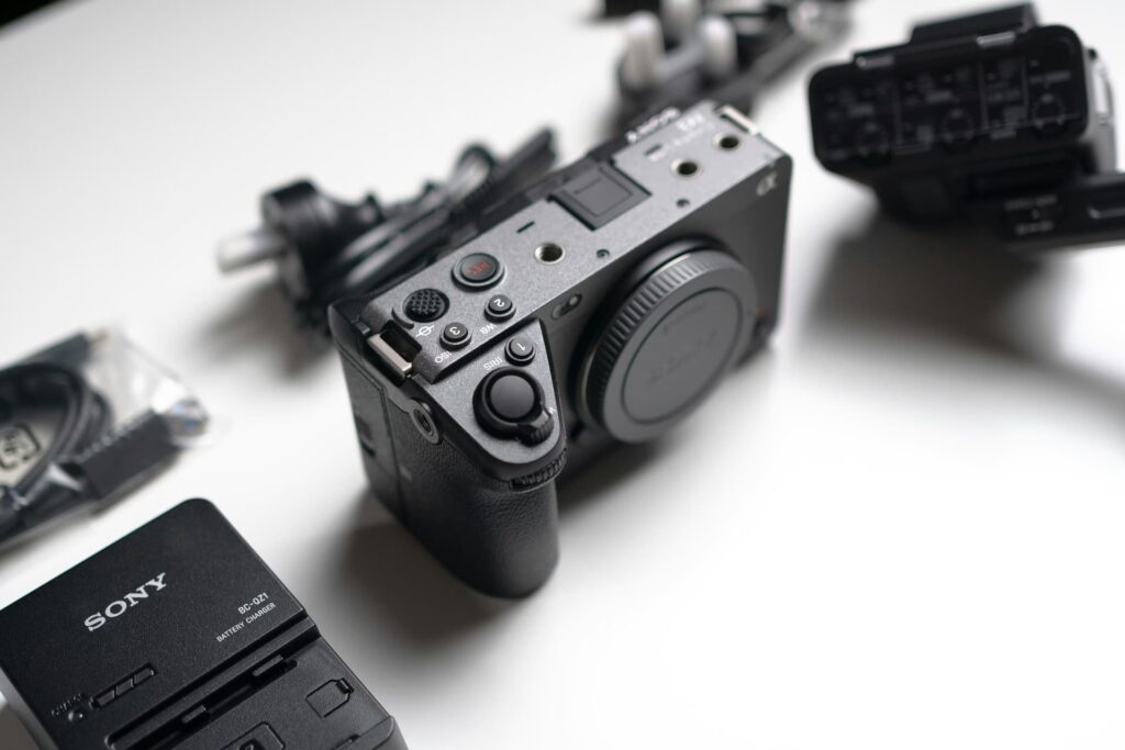 Sony camera body accessories flatlay